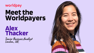 Lilac rectangle with text that says ‘Meet the Worldpayers. Alex Thacker, Senior Business Analyst. London, UK’. Next to the text is a headshot of a smiling woman.