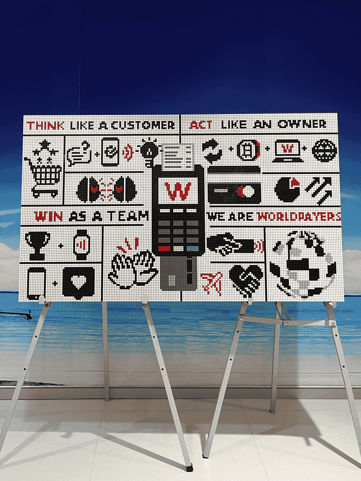 Lego mural wall with the Worldpay values