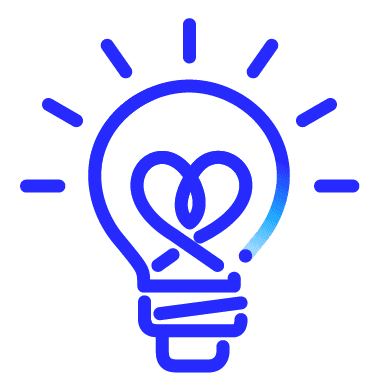 Icon of a blue light bulb with radiating lines and a heart shape inside.